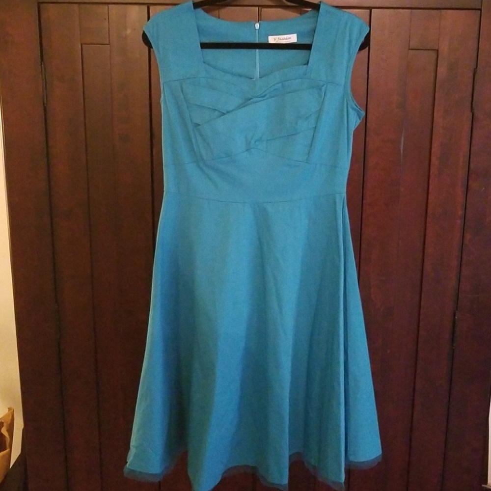 Teal Fit and Flare Cap Sleeve Dress - large